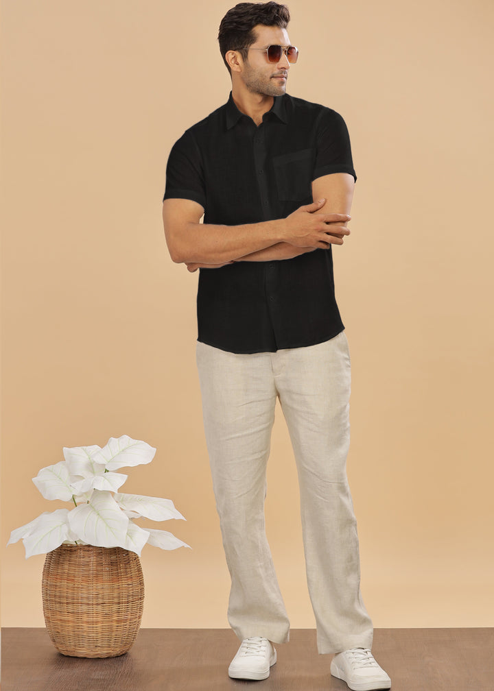 Ted - Pure Linen Half Sleeve Shirt - Black