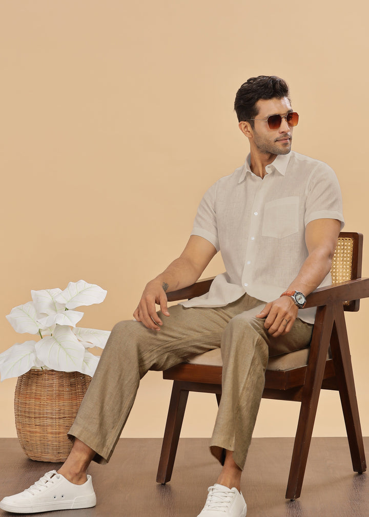 Ted - Pure Linen Half Sleeve Shirt - Ecru