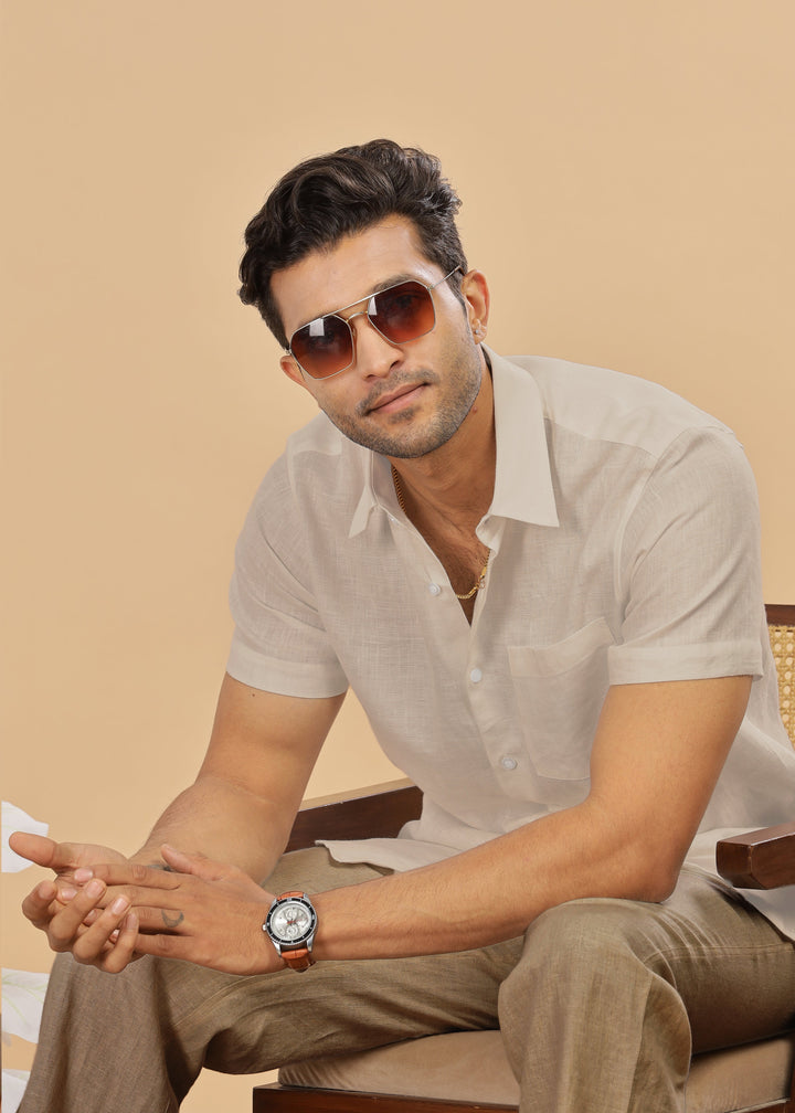 Ted - Pure Linen Half Sleeve Shirt - Ecru