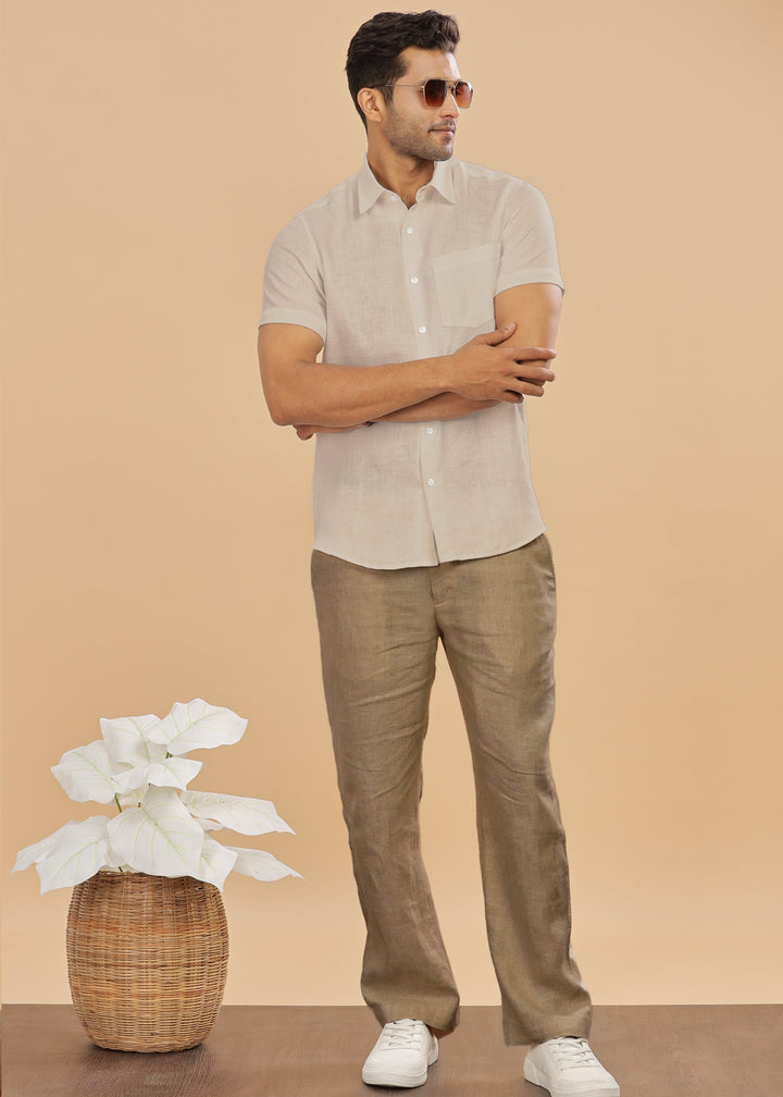 Ted - Pure Linen Half Sleeve Shirt - Ecru