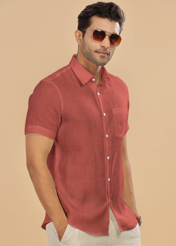 Ted - Pure Linen Half Sleeve Shirt - Terracotta Red