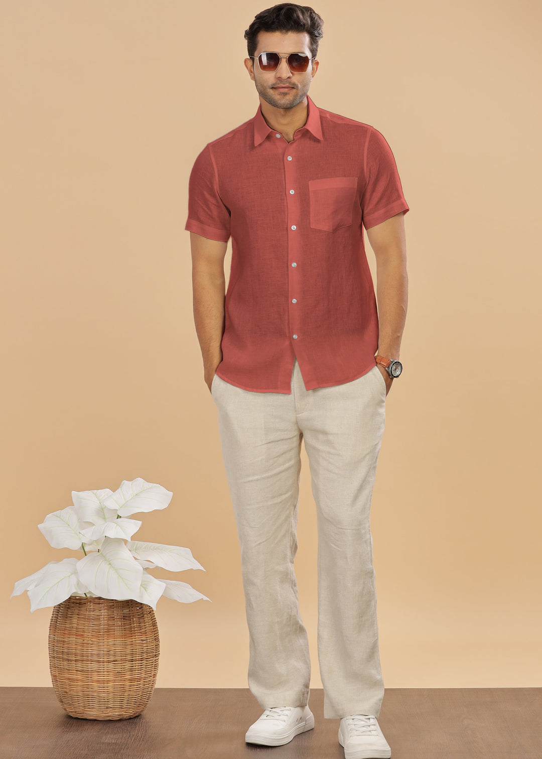 Ted - Pure Linen Half Sleeve Shirt - Terracotta Red