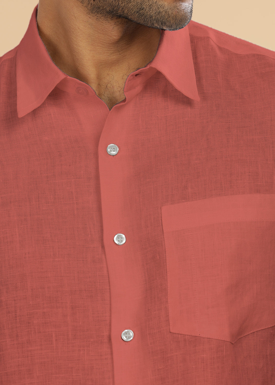 Ted - Pure Linen Half Sleeve Shirt - Terracotta Red