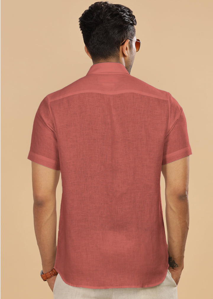 Ted - Pure Linen Half Sleeve Shirt - Terracotta Red