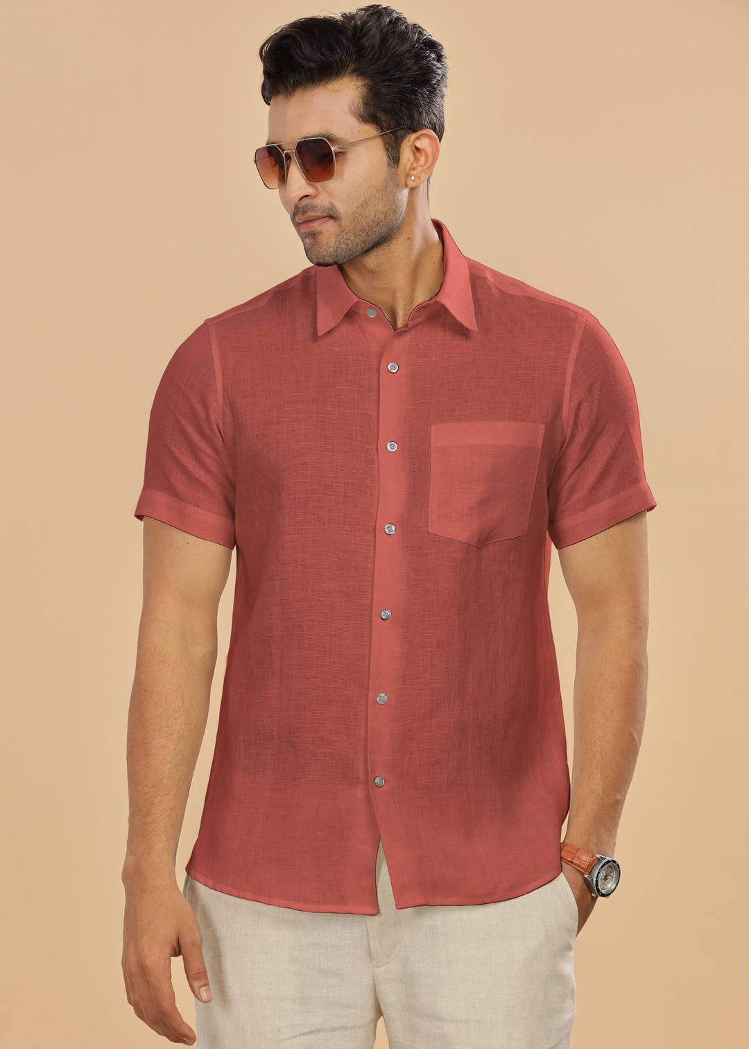 Ted - Pure Linen Half Sleeve Shirt - Terracotta Red
