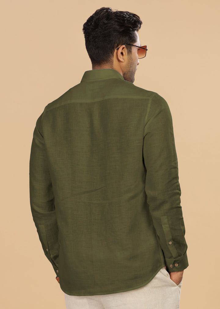 Ted 100% Pure Linen Full Sleeve Shirt with Point Collar and Regular Placket in Moss Green crafted in 60 LEA