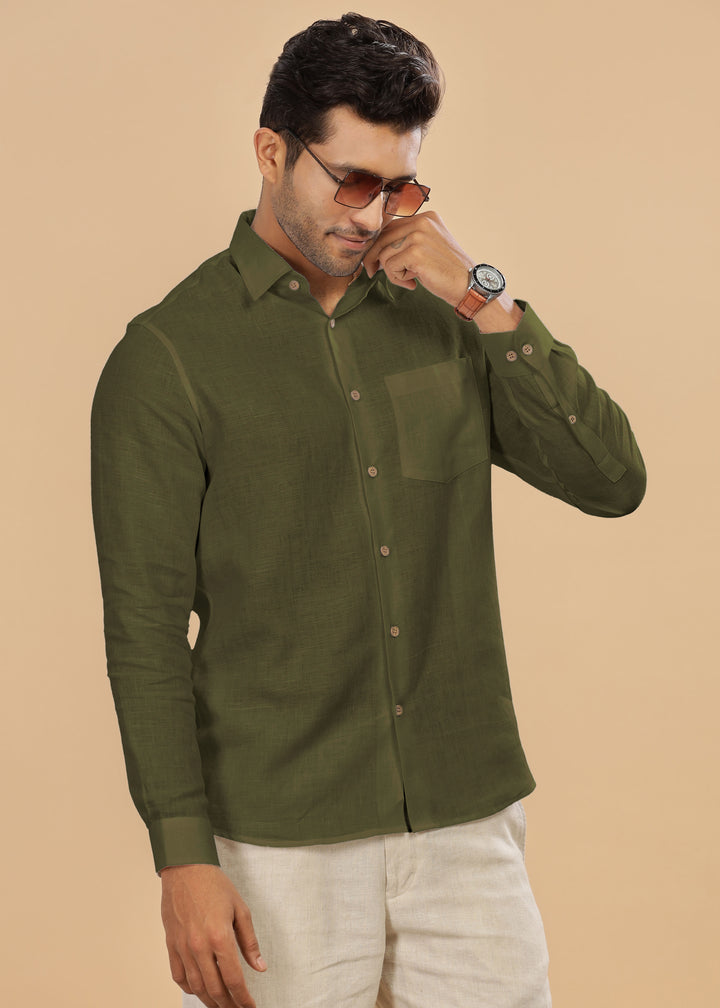 Ted 100% Pure Linen Full Sleeve Shirt with Point Collar and Regular Placket in Moss Green crafted in 60 LEA