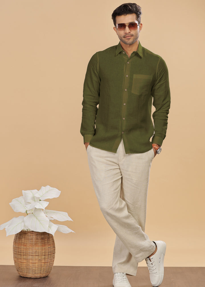 Ted 100% Pure Linen Full Sleeve Shirt with Point Collar and Regular Placket in Moss Green crafted in 60 LEA