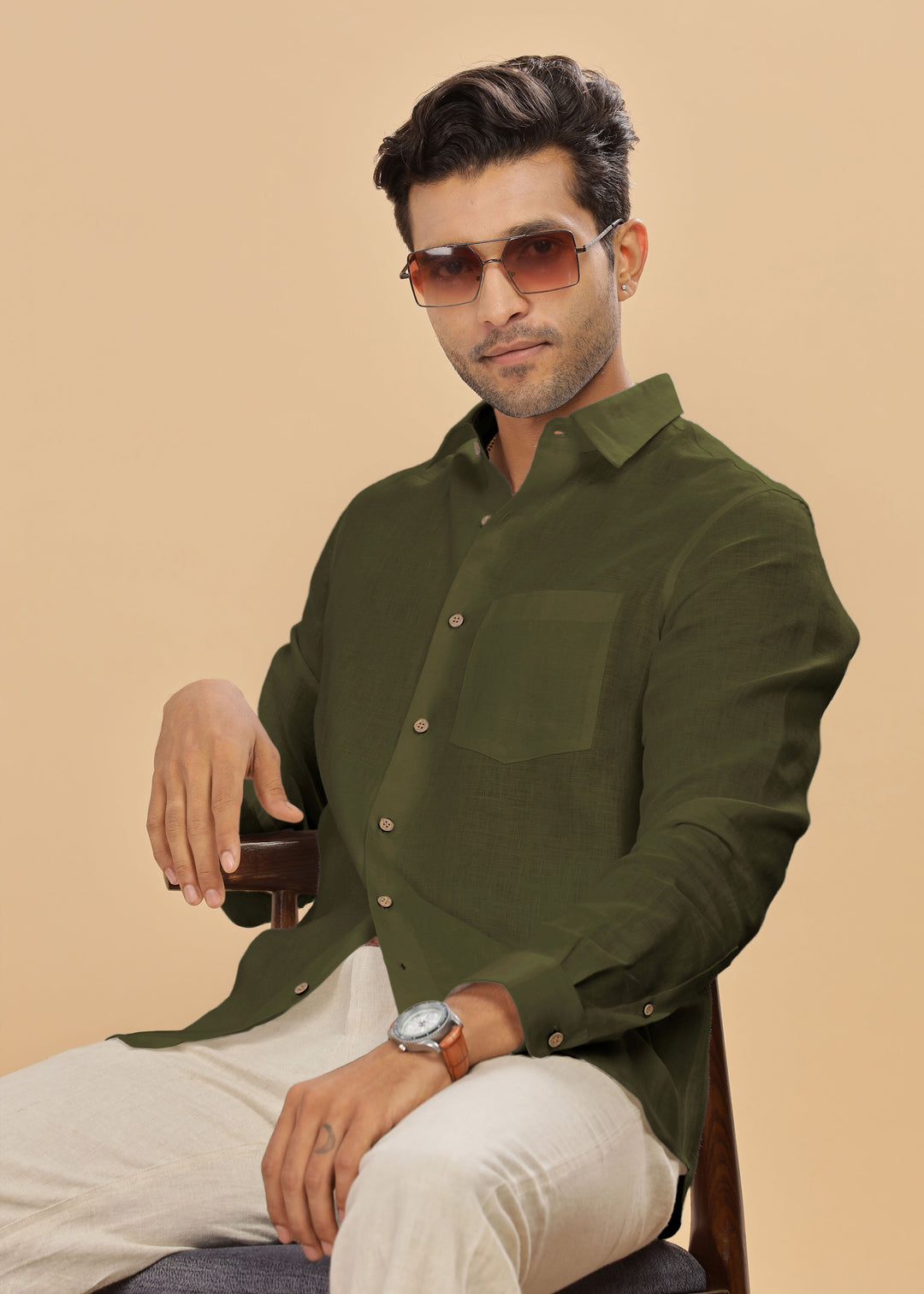 Ted 100% Pure Linen Full Sleeve Shirt with Point Collar and Regular Placket in Moss Green crafted in 60 LEA