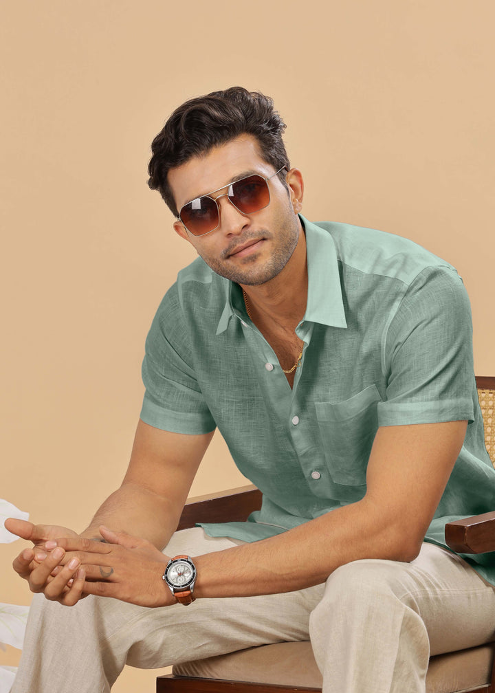 Ted 100% Pure Linen Half Sleeve Shirt in Spring Green with Point Collar crafted in 60 LEA