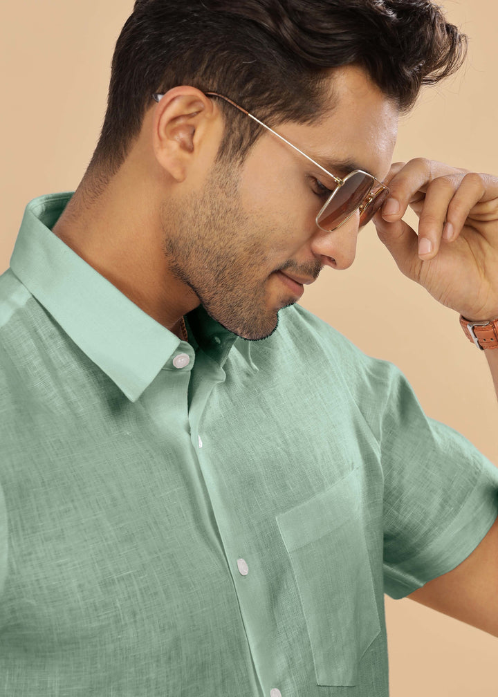 Ted 100% Pure Linen Half Sleeve Shirt in Spring Green with Point Collar crafted in 60 LEA