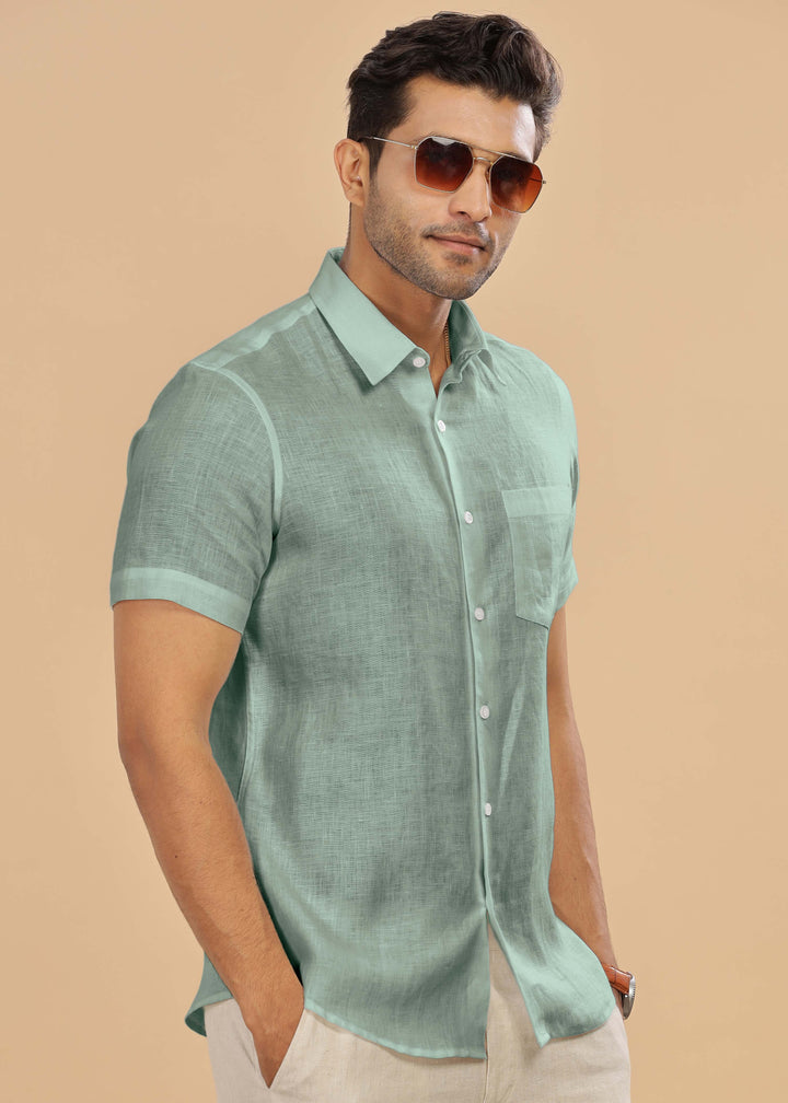 Ted 100% Pure Linen Half Sleeve Shirt in Spring Green with Point Collar crafted in 60 LEA