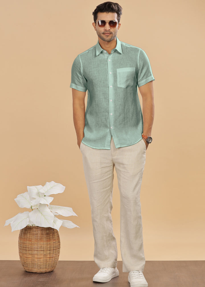 Ted 100% Pure Linen Half Sleeve Shirt in Spring Green with Point Collar crafted in 60 LEA
