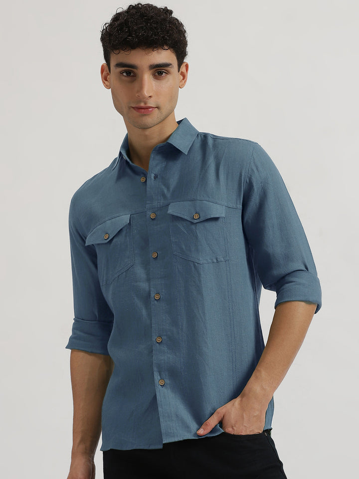 Thomas - Pure Linen Double Pocket Full Sleeve Shirt - Blue Grey