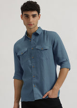 Thomas - Pure Linen Double Pocket Full Sleeve Shirt - Blue Grey