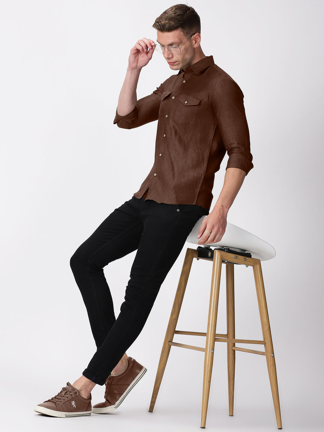 Thomas - Men's Pure Linen Double Pocket Full Sleeve Shirt - Coffee Brown