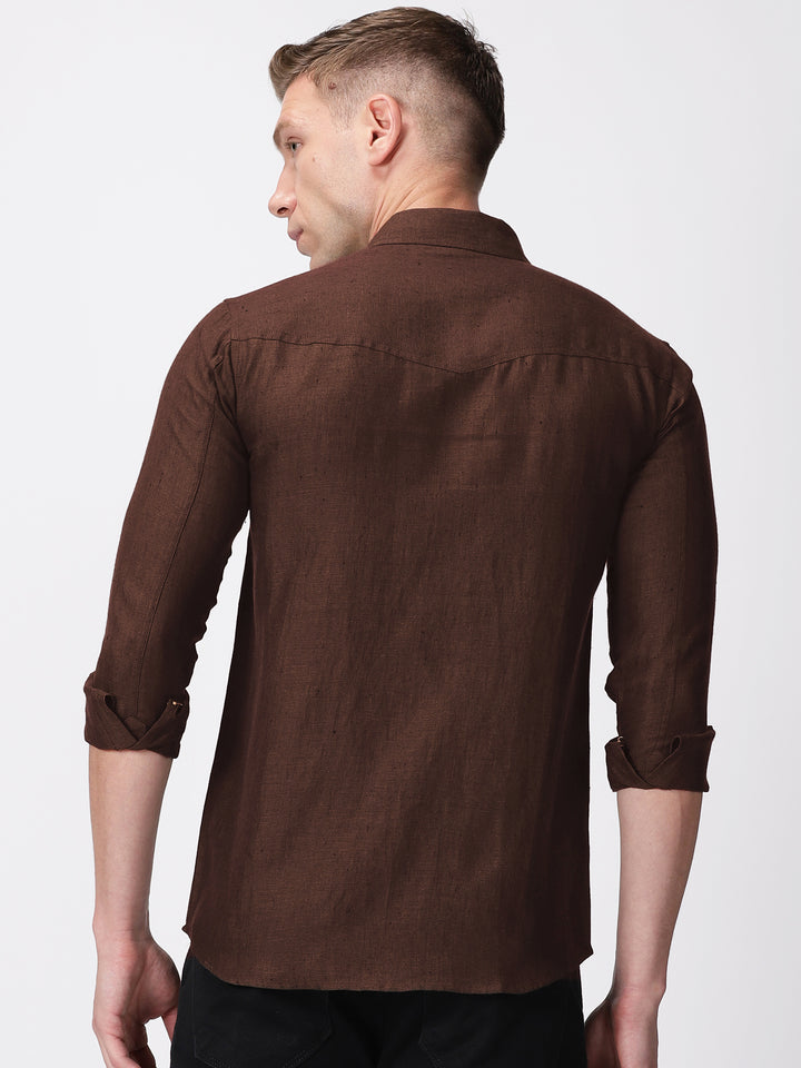 Thomas - Men's Pure Linen Double Pocket Full Sleeve Shirt - Coffee Brown