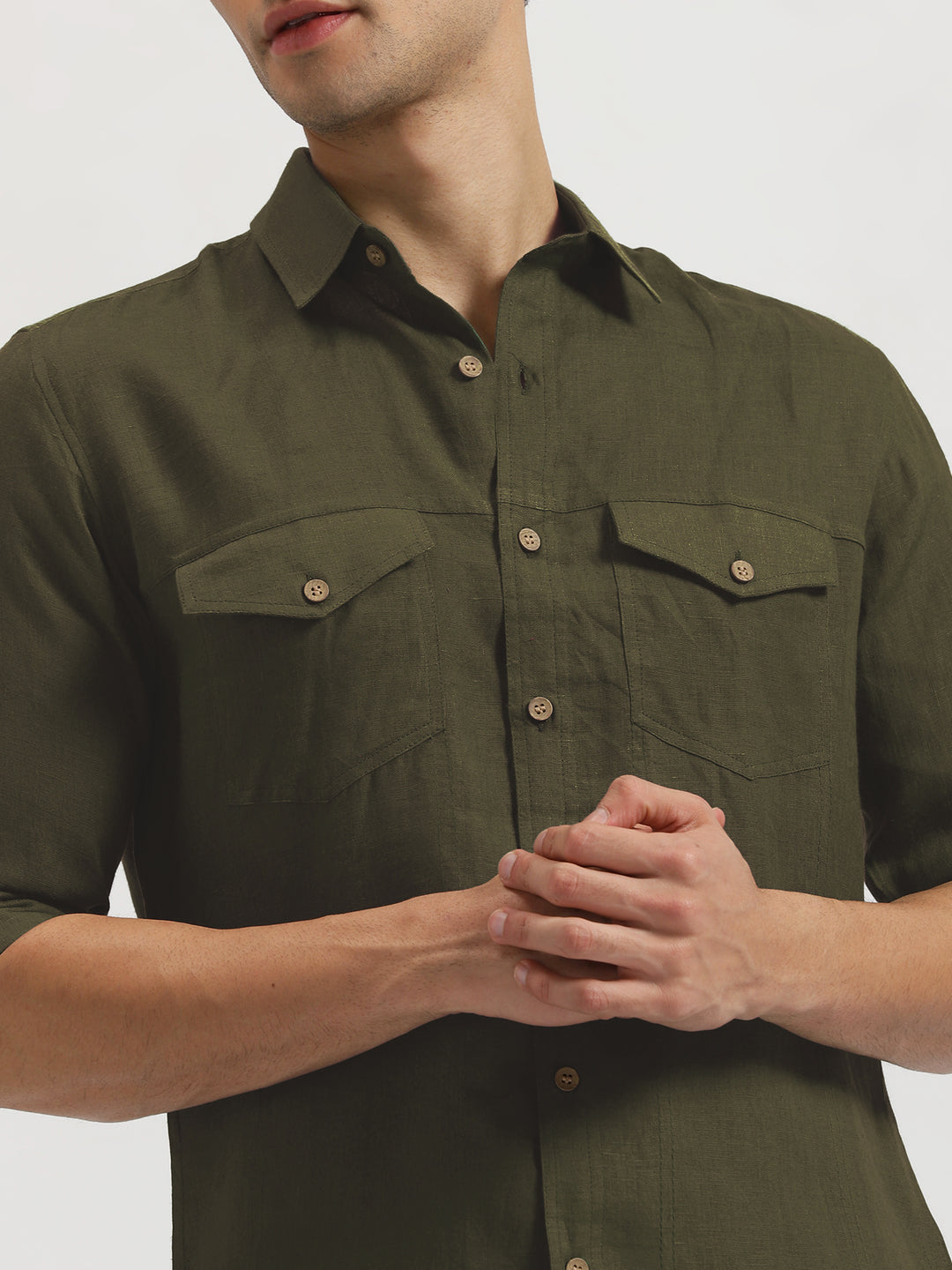 Thomas - Pure Linen Double Pocket Full Sleeve Shirt - Moss Green