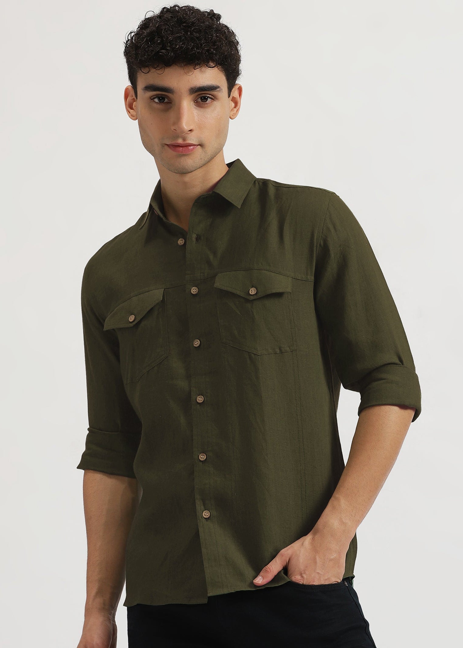 Moss Green Pure Linen Double Pocket Full Sleeve Shirt – Linen Trail