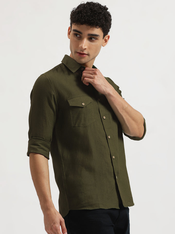 Thomas - Pure Linen Double Pocket Full Sleeve Shirt - Moss Green