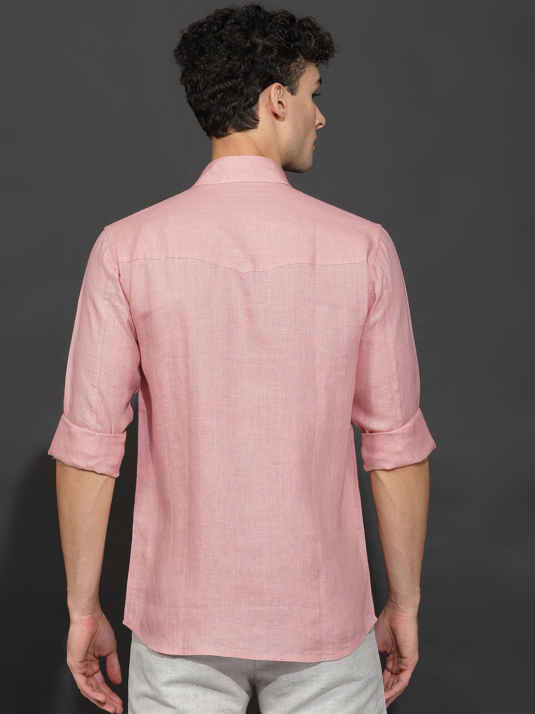 Thomas - Men's Pure Linen Double Pocket Full Sleeve Shirt - Salmon Pink