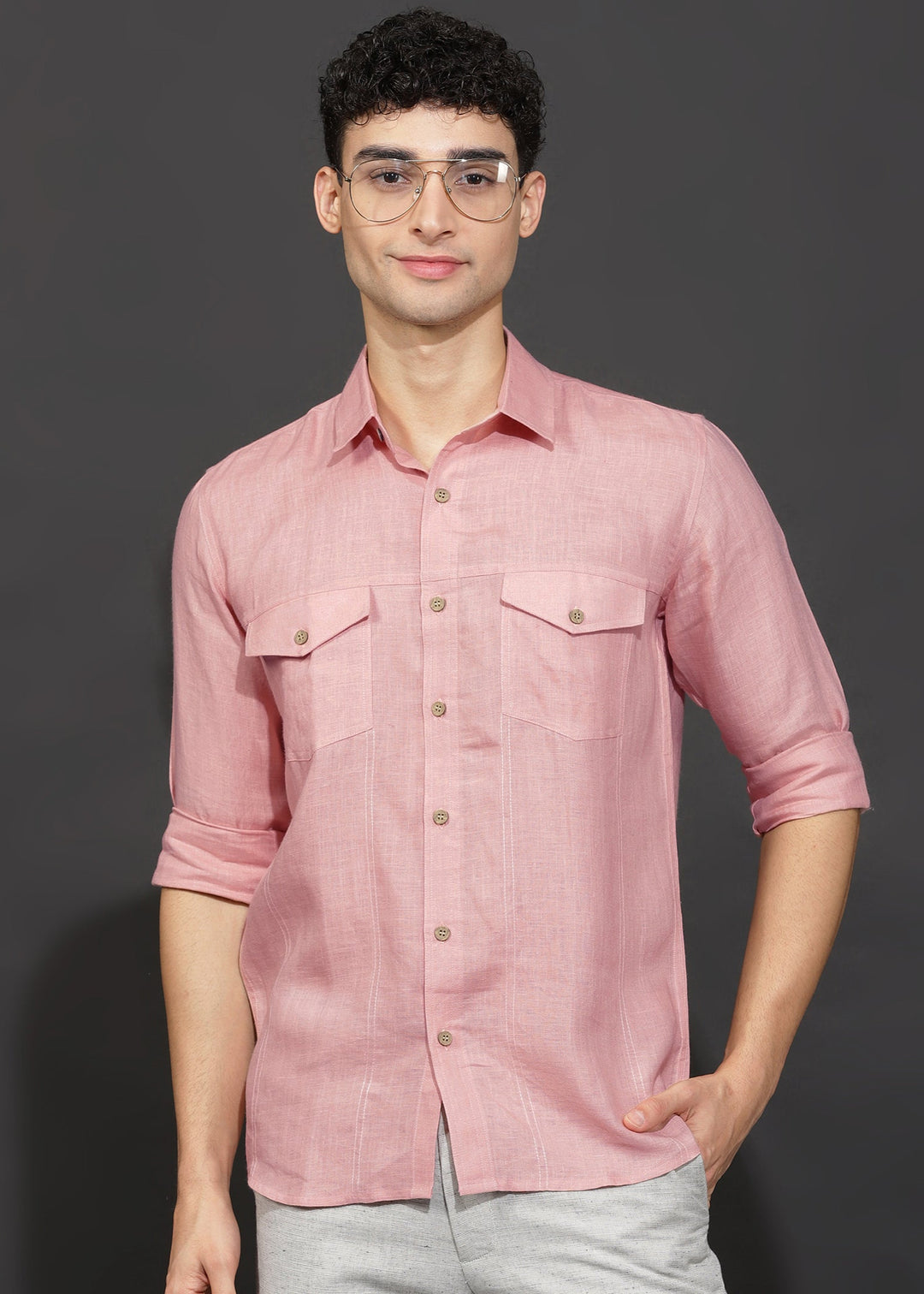 Thomas - Men's Pure Linen Double Pocket Full Sleeve Shirt - Salmon Pink