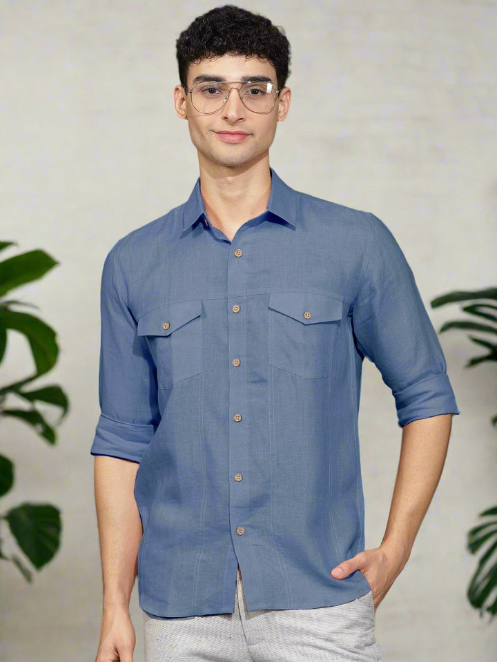Thomas - Pure Linen Double Pocket Full Sleeve Shirt - Vista Blue (Factory Rescue)