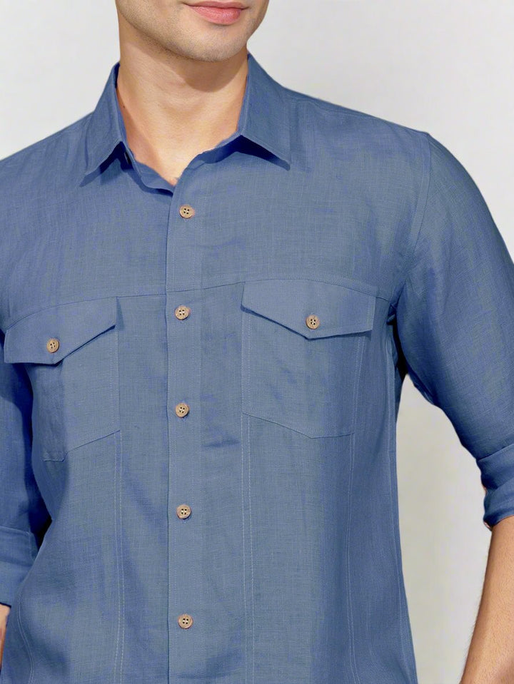 Thomas - Pure Linen Double Pocket Full Sleeve Shirt - Vista Blue (Factory Rescue)