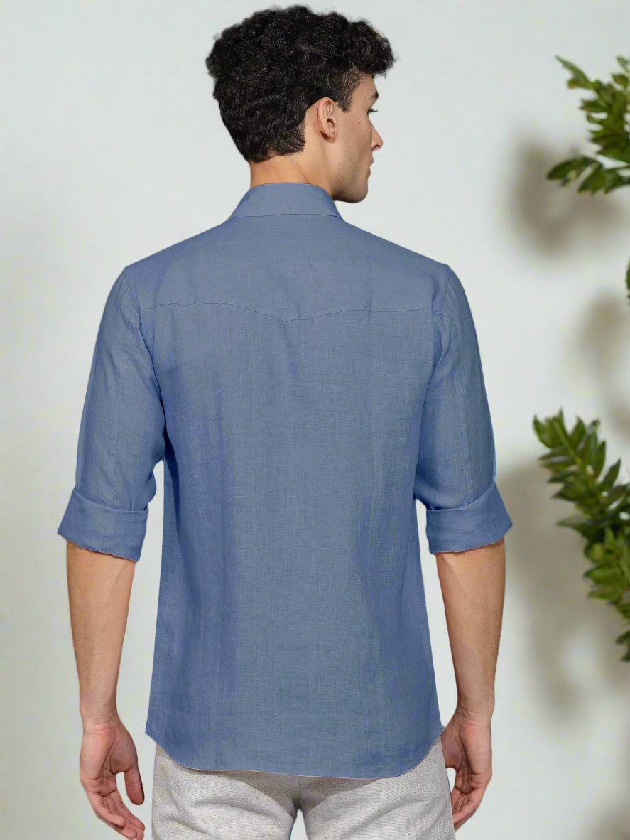 Thomas - Pure Linen Double Pocket Full Sleeve Shirt - Vista Blue (Factory Rescue)