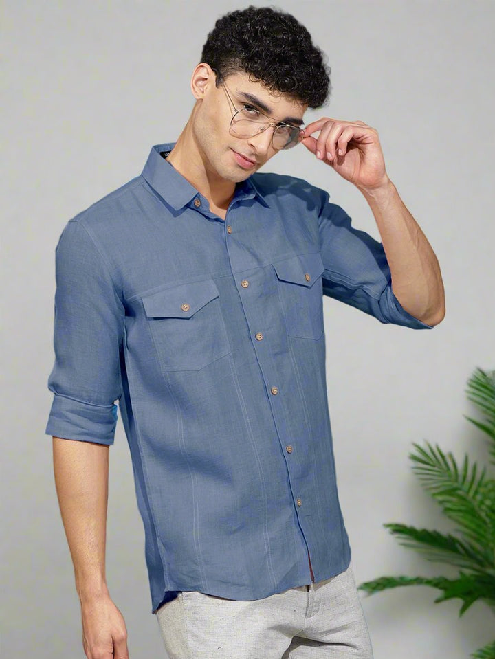 Thomas - Pure Linen Double Pocket Full Sleeve Shirt - Vista Blue (Factory Rescue)