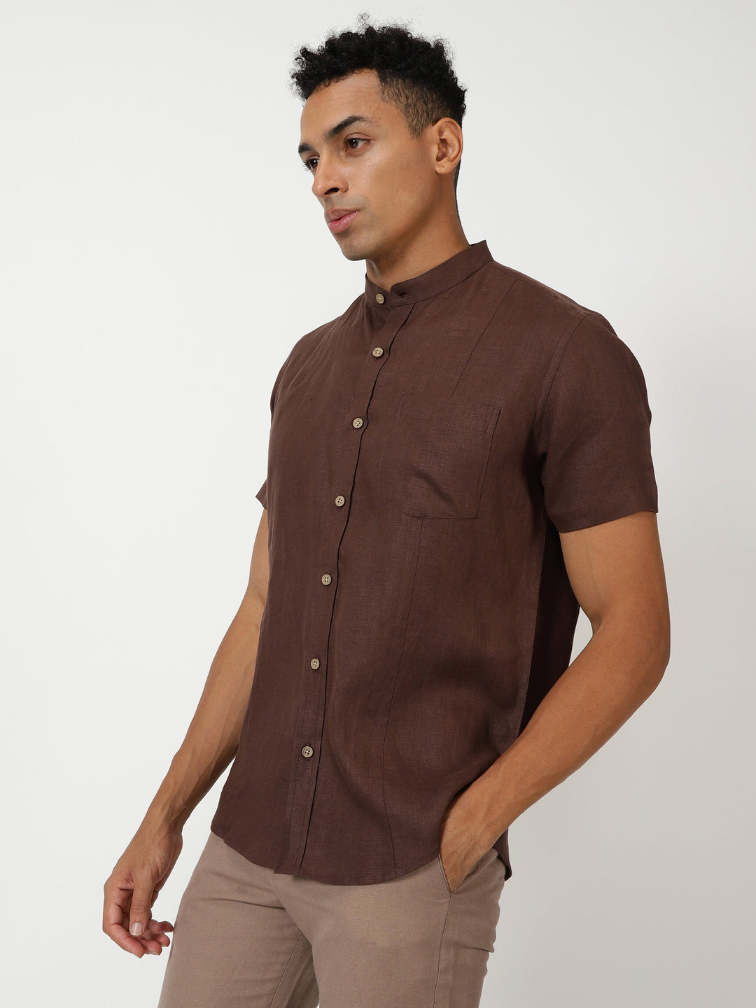 Trevor - Pure Linen Mandarin Collar Half Sleeve Shirt - Coffee Brown | Relove
