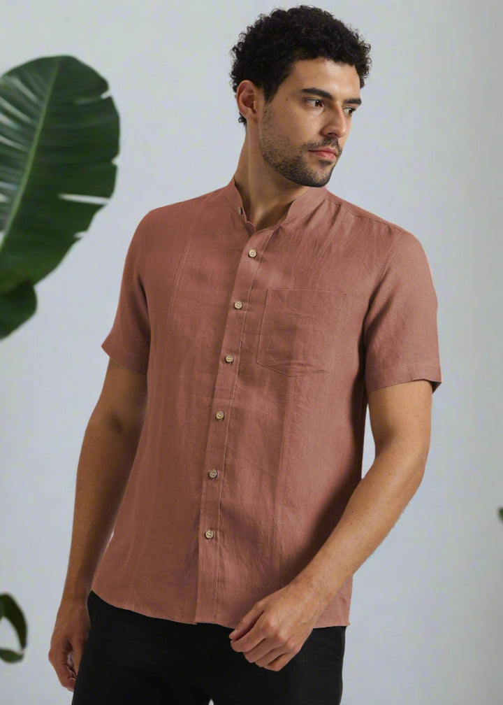 Trevor - Pure Linen Mandarin Collar Half Sleeve Shirt - Fondue Pink
