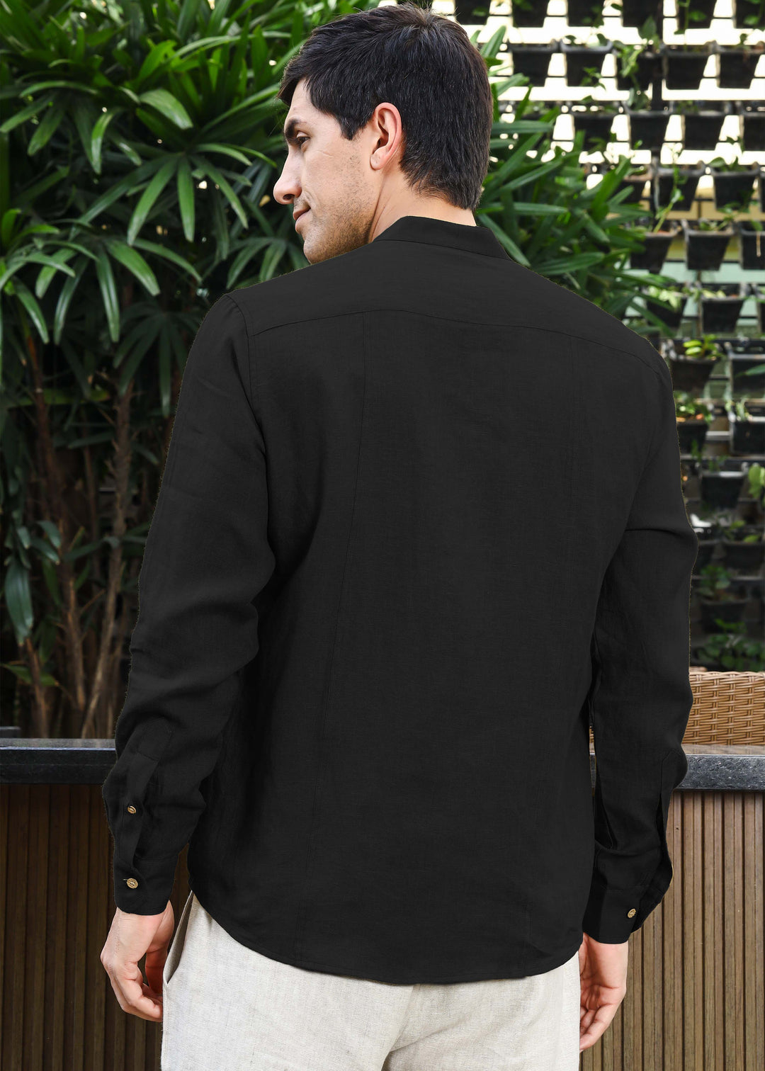 Trevor - Half Placket Pure Linen Full Sleeve Shirt - Black