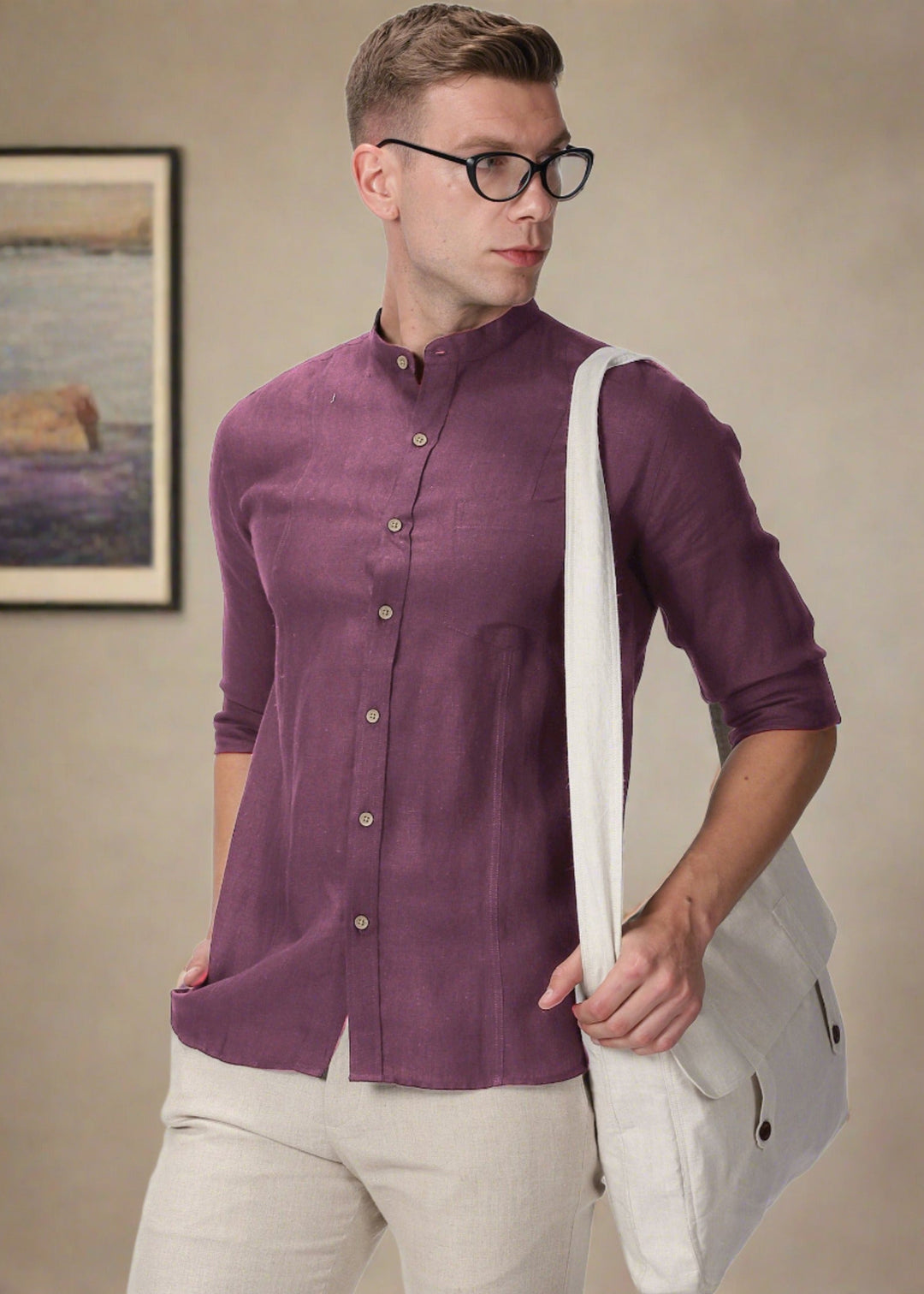Trevor - Pure Linen Mandarin Collar Full Sleeve Shirt - Twilight Purple
