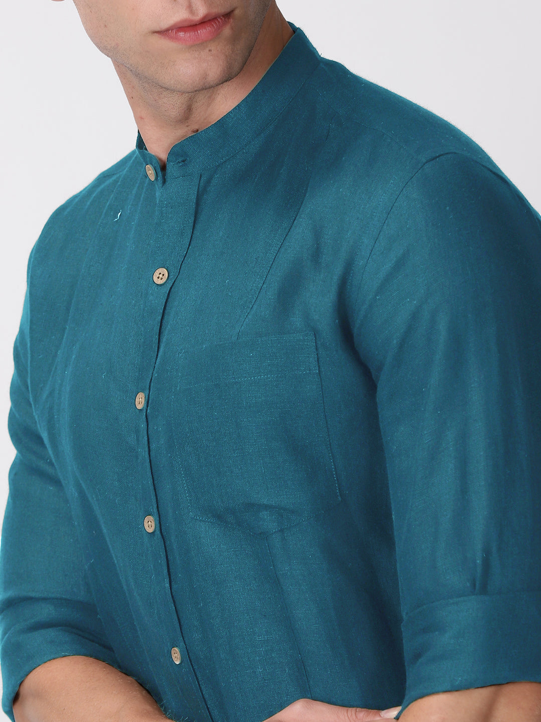 Trevor - Pure Linen Mandarin Collar Full Sleeve Shirt - Peacock Blue