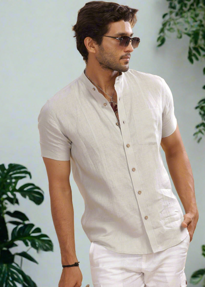 Trevor - Pure Linen Mandarin Collar Half Sleeve Shirt - Light Grey
