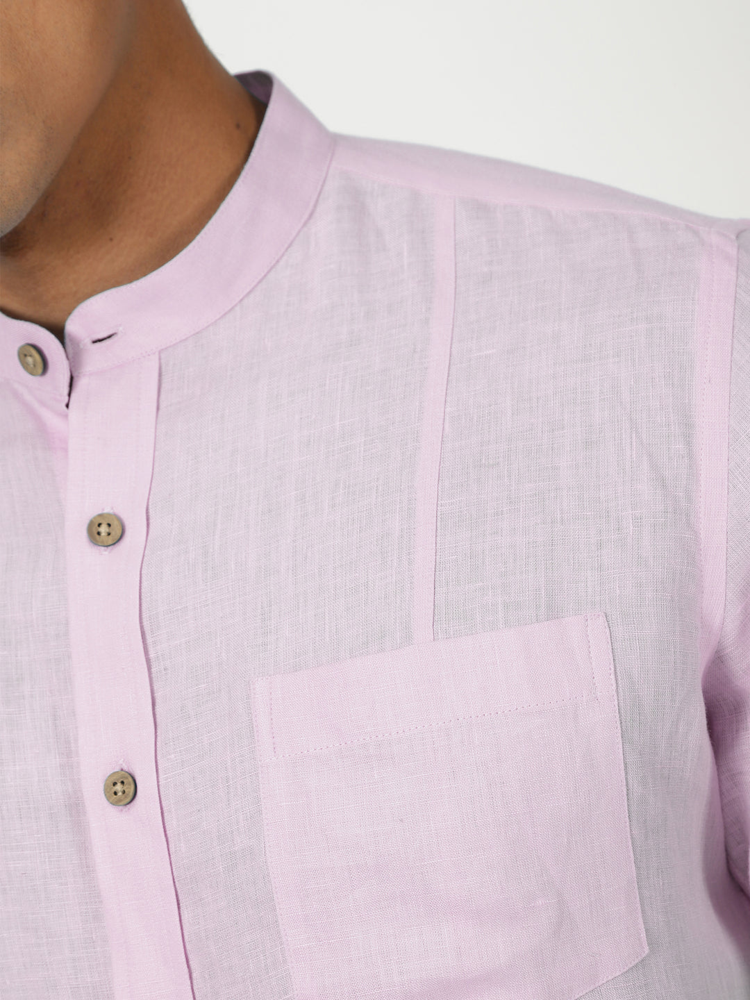 Trevor - Pure Linen Mandarin Collar Half Sleeve Shirt - Light Lilac Pink (Factory Rescue)