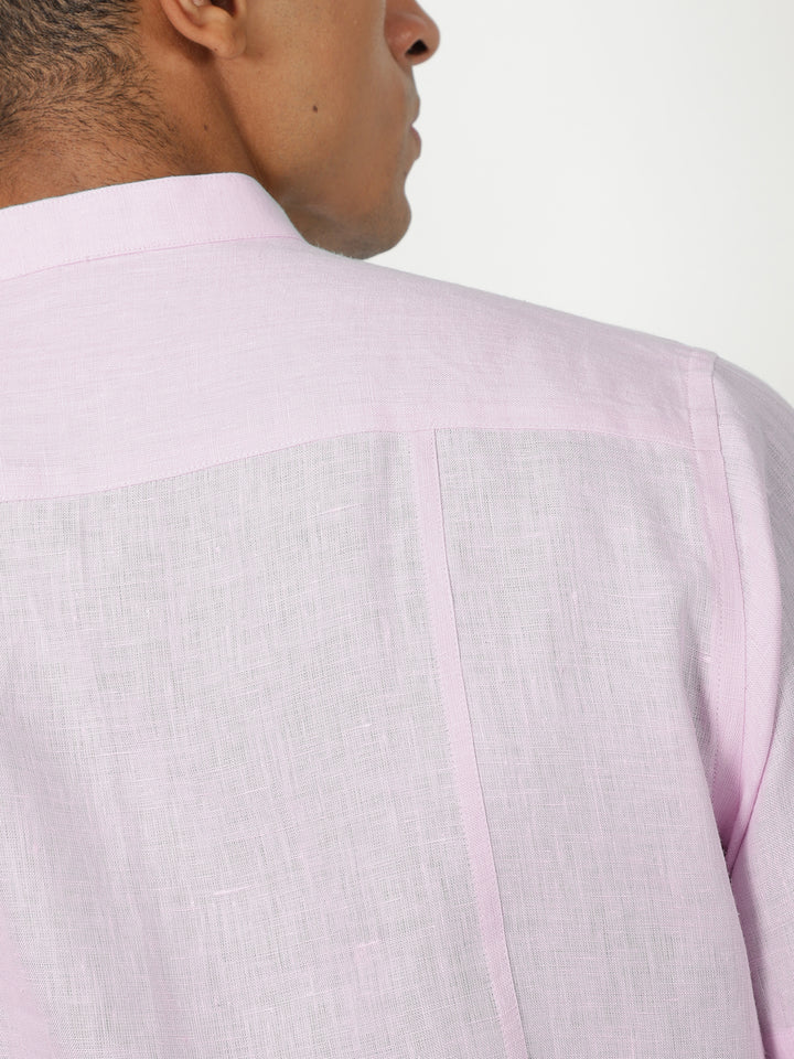 Trevor - Pure Linen Mandarin Collar Half Sleeve Shirt - Light Lilac Pink (Factory Rescue)