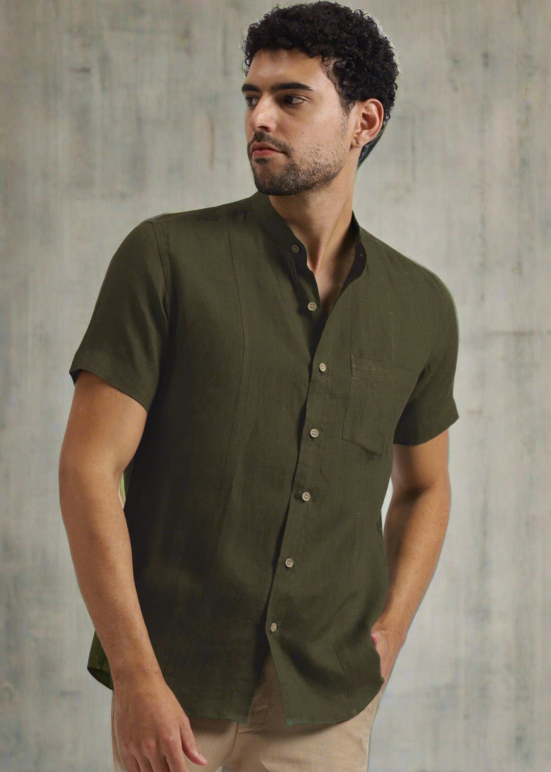 Trevor - Pure Linen Mandarin Collar Half Sleeve Shirt - Moss Green