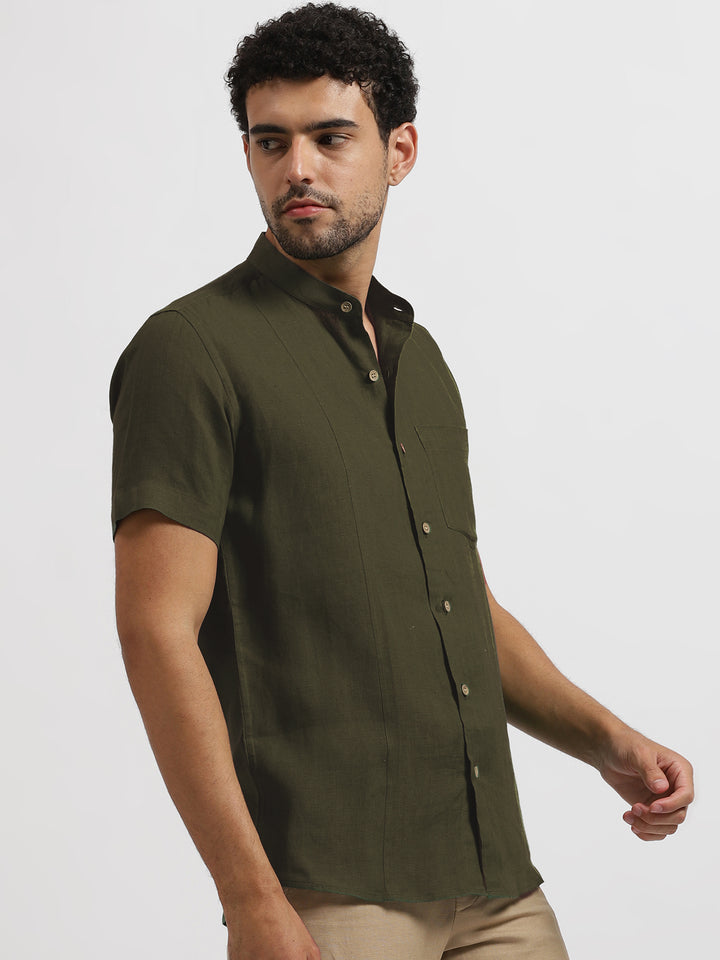 Trevor - Pure Linen Mandarin Collar Half Sleeve Shirt - Moss Green