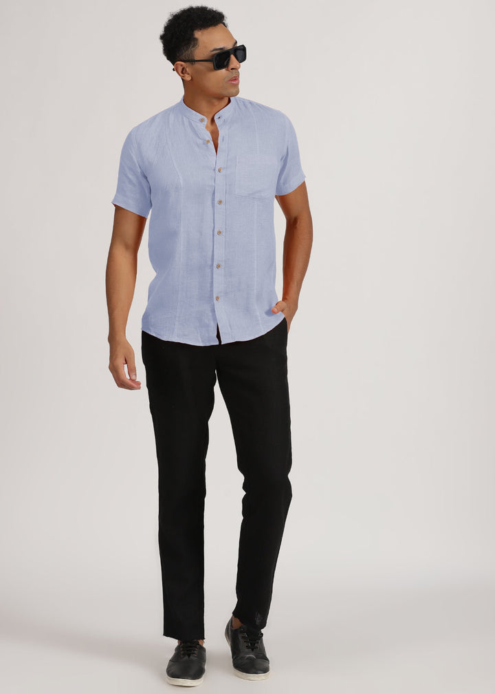 Trevor - Pure Linen Mandarin Collar Half Sleeve Shirt - Periwinkle Blue
