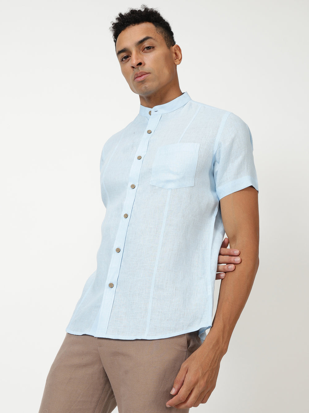 Trevor - Pure Linen Mandarin Collar Half Sleeve Shirt - Sky Blue