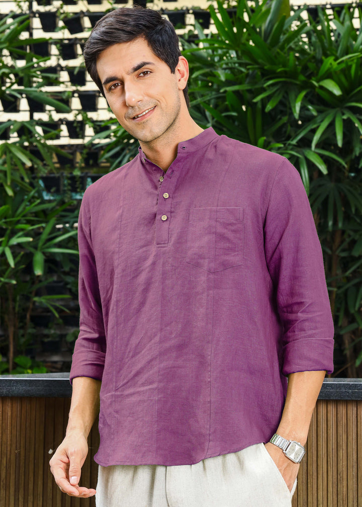 Trevor - Half Placket Pure Linen Full Sleeve Shirt - Berry Purple
