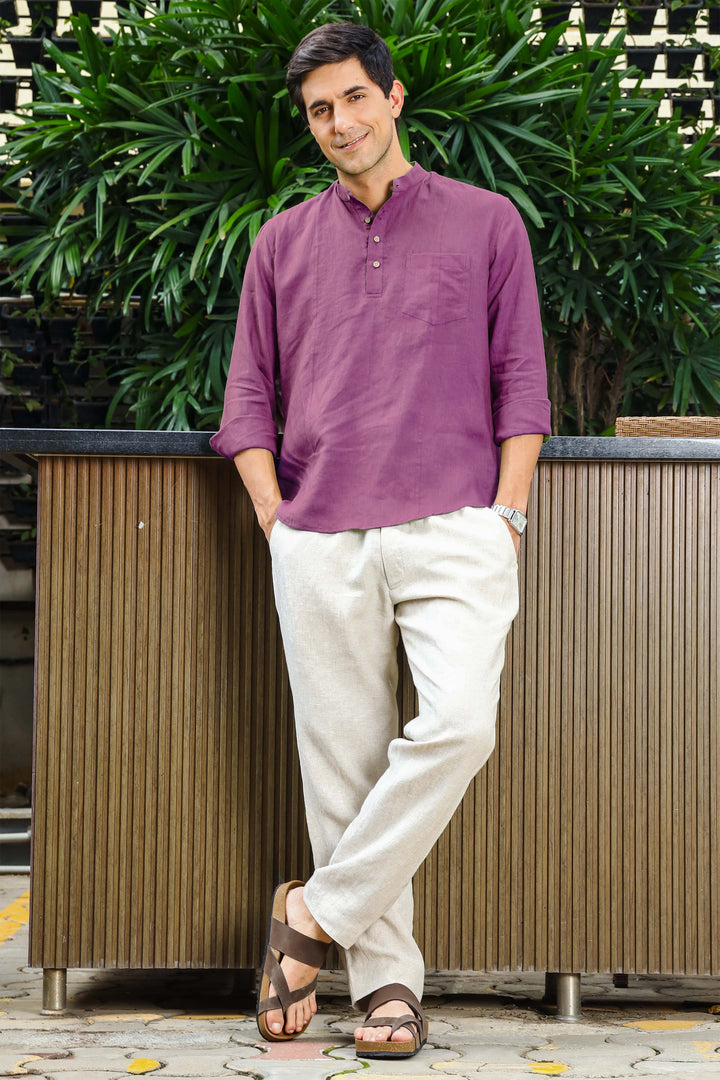 Trevor - Half Placket Pure Linen Full Sleeve Shirt - Berry Purple