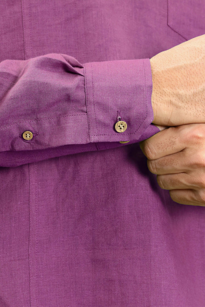 Trevor - Half Placket Pure Linen Full Sleeve Shirt - Berry Purple