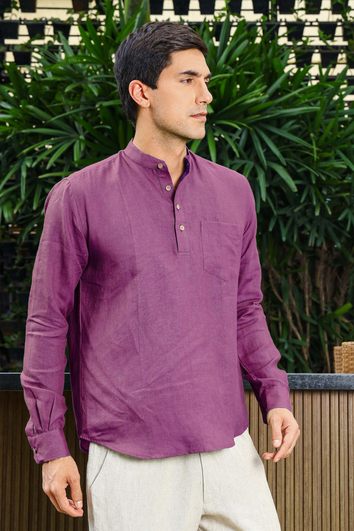 Trevor - Half Placket Pure Linen Full Sleeve Shirt - Berry Purple