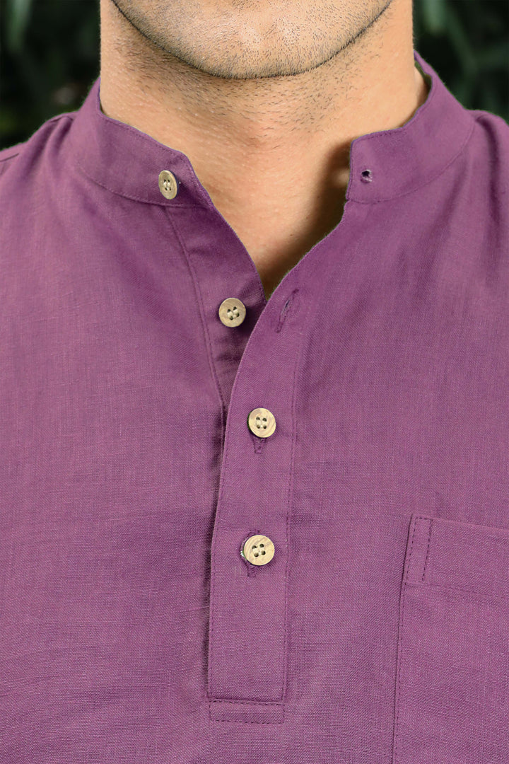 Trevor - Half Placket Pure Linen Full Sleeve Shirt - Berry Purple