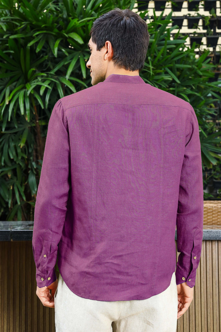 Trevor - Half Placket Pure Linen Full Sleeve Shirt - Berry Purple