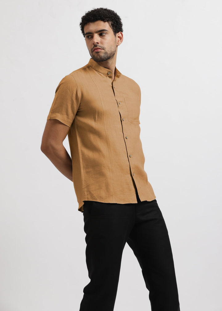 Trevor - Pure Linen Mandarin Collar Half Sleeve Shirt - Mustard Brown