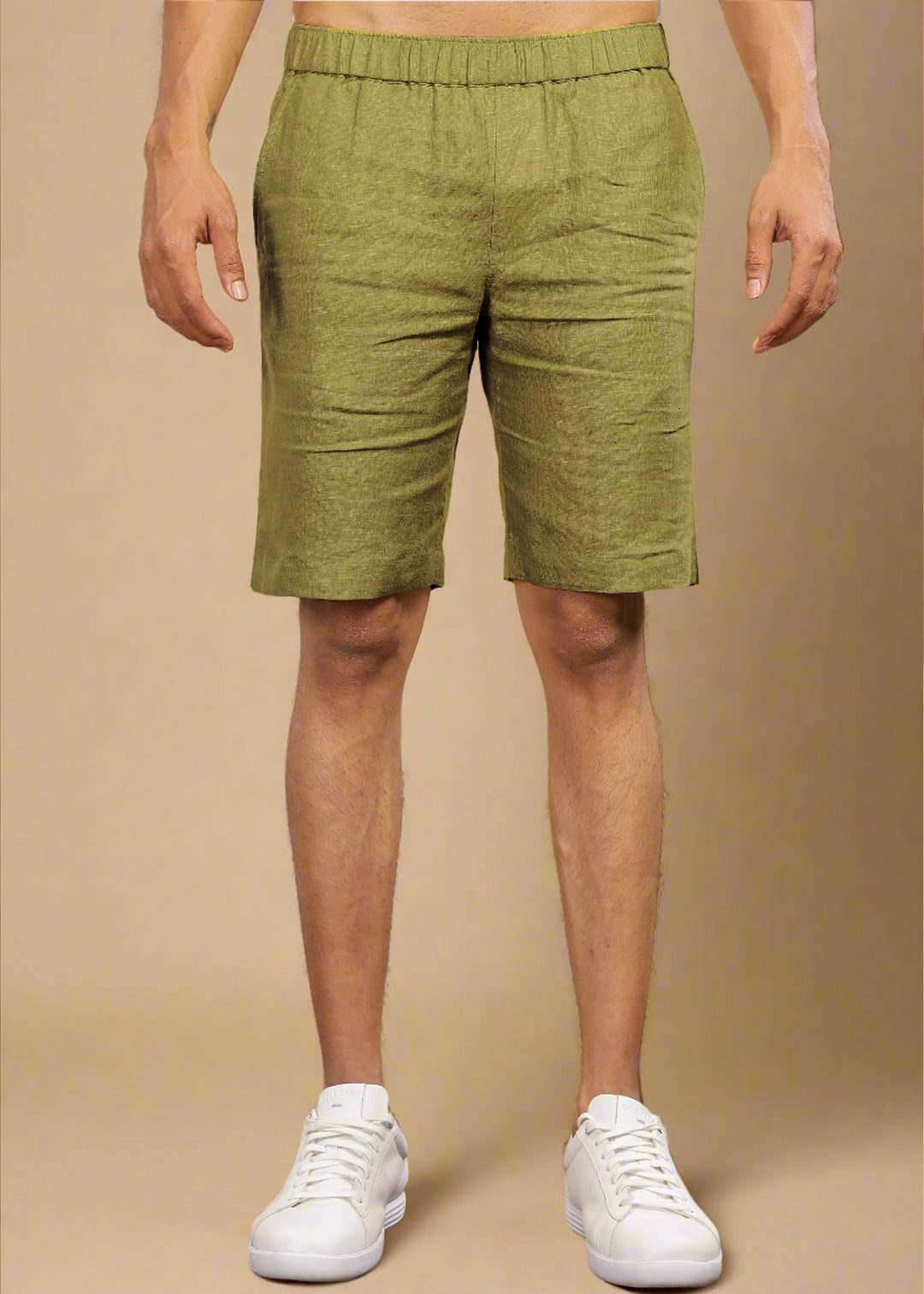 Trio Shorts 100% Pure Linen Shorts in Sap Green with Elastic Band crafted in 25 LEA